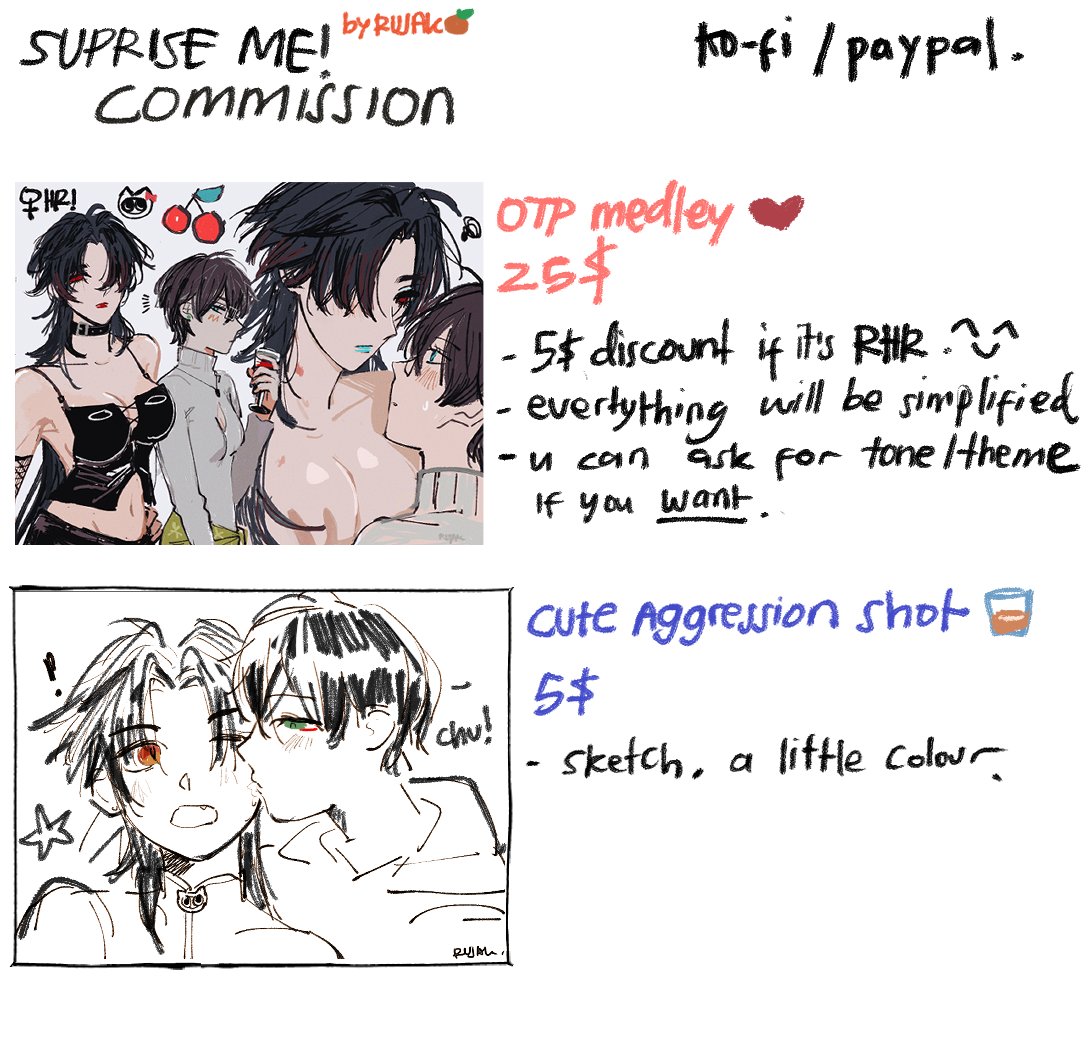 piercershard's tweet image. Hello I decided to open suprise me cms!!!
here's the menu if you interested! 🥺
SLOT
~otp medley 0/2
~cute aggresion shot 0/4
likes and shares appreciated!
#commissionopen
