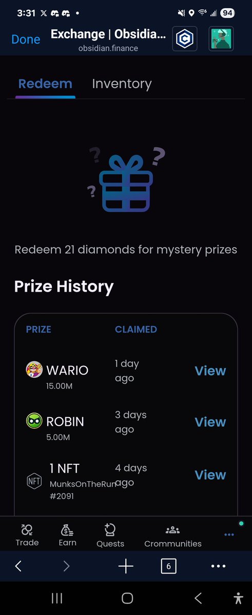 quick1875's tweet image. Another big W from trading on @ObsidianSwap and opening the Mystery Boxes.

@HatenCRO Wen affiliate badge??

#Crofam #Cronos #Web3 #Obsidian #MysteryBoxes #DaimondQuest #Bullish