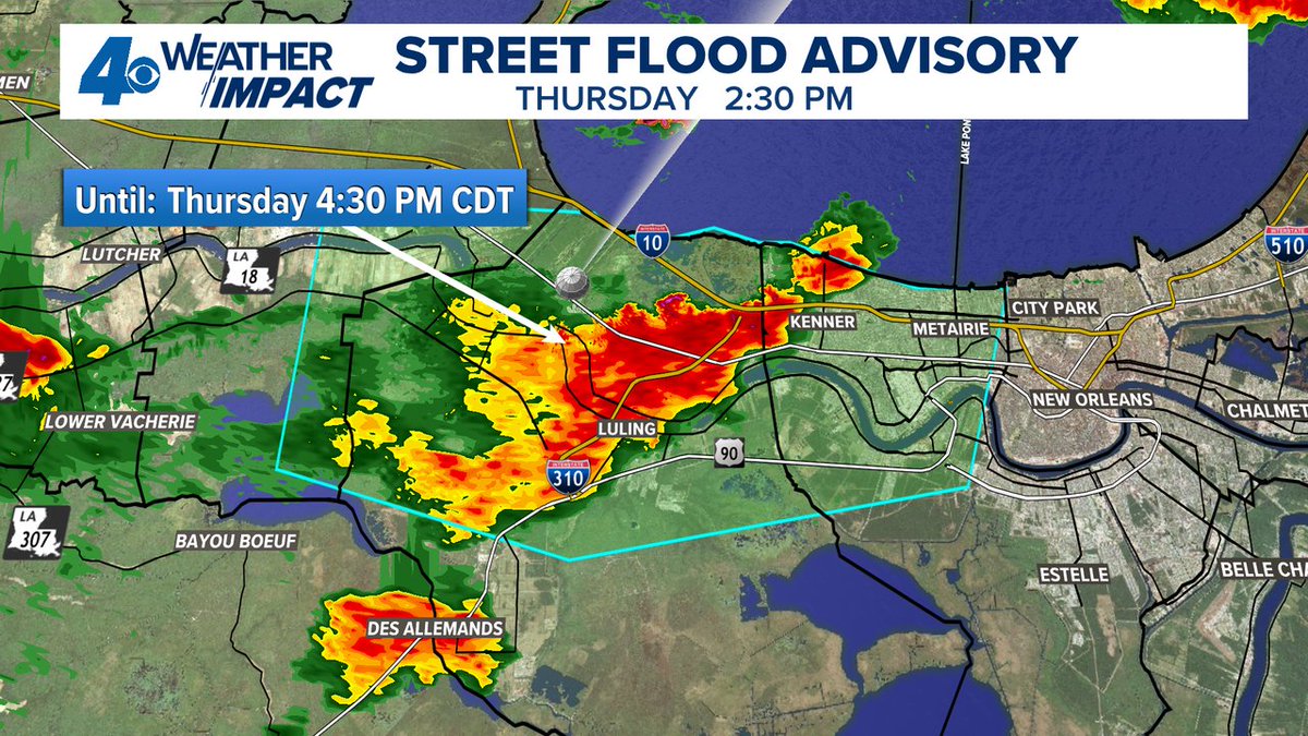 wwltvweather's tweet image. A Street Flood Advisory has been issued for parts of Jefferson, St. Charles, St. John The Baptist, Orleans until 7/24 4:30PM. Street flooding is possible in these areas. Don't drive through flooded roads. #BeOn4