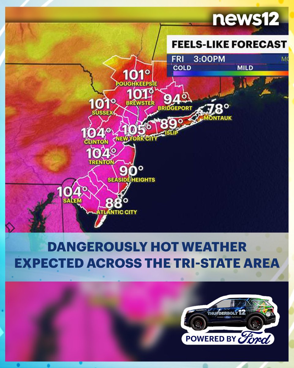 N12Thunderbolt's tweet image. THUNDERBOLT 12 🌡️ Make sure you stay hydrated and cool on Friday, as some regions will have feel-like temps in the triple digits. Storms are expected in certain areas Friday evening. Stick with News 12 for more on your hyper-local forecast.