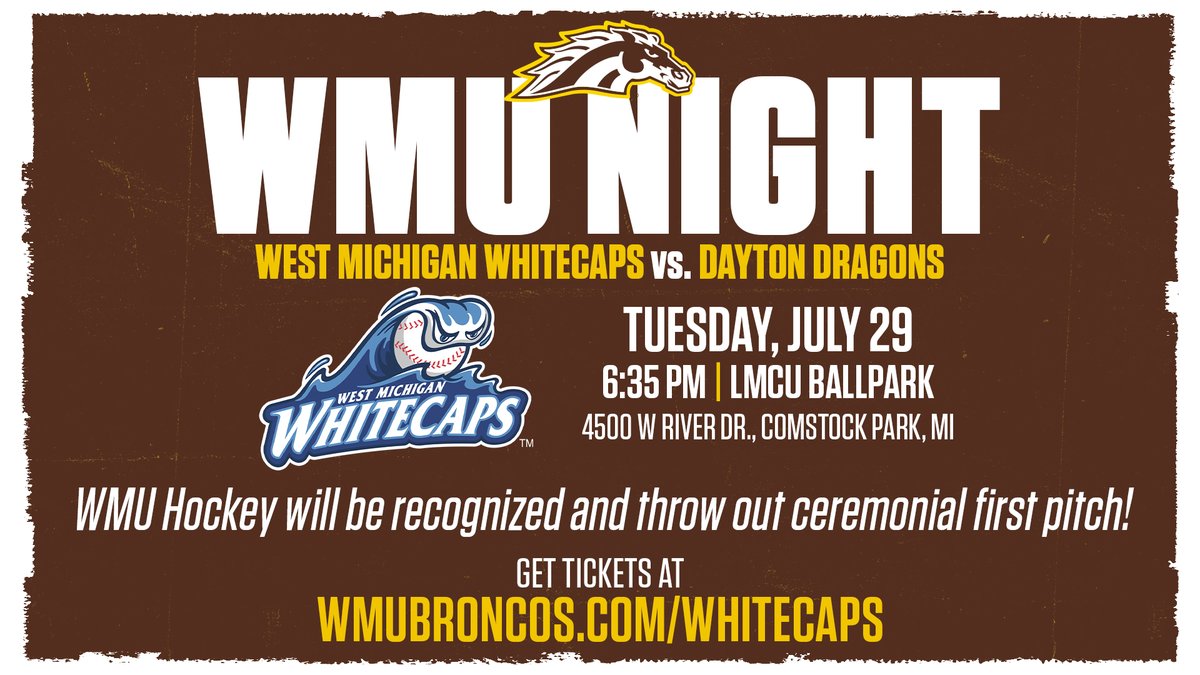 WMUBroncos's tweet image. Join WMU alumni, fans & friends on July 29th at LMCU Ballpark for WMU Night with the @wmwhitecaps! โพ
@WMUHockey will be recognized at the game & also throw out the first pitch! ๐
๐๏ธwmubroncos.com/whitecaps