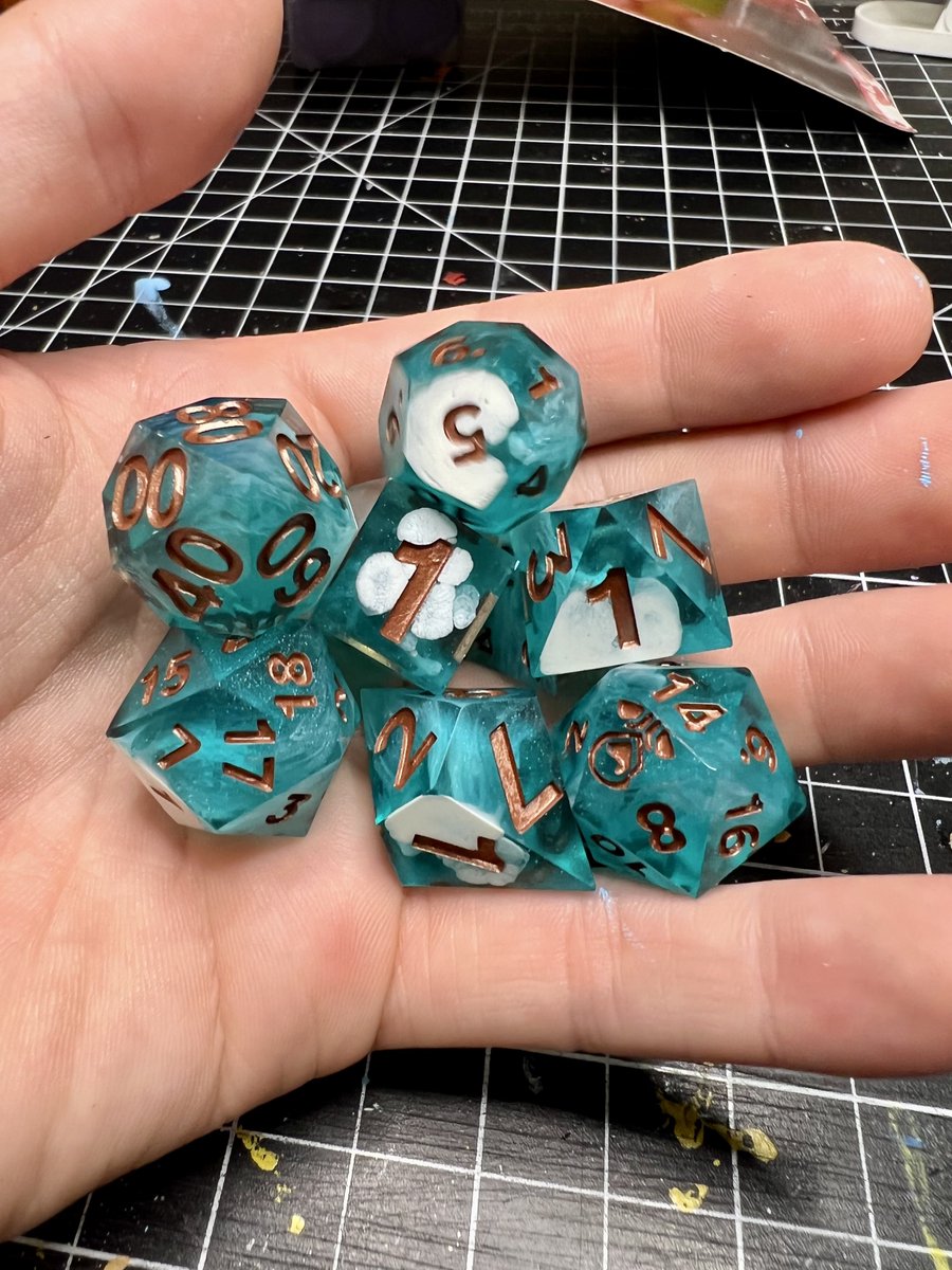 DiceFix's tweet photo. @TheYard Congrats on the announcement!

I just wanted to stop by and say I would love to make each of the guys a set of dice if that is something yall are open to. 

Feel free to shoot me a dm or whatever if interested. 
Here’s some examples of the custom dice I make! https://t.co/4VZYlGbdL3