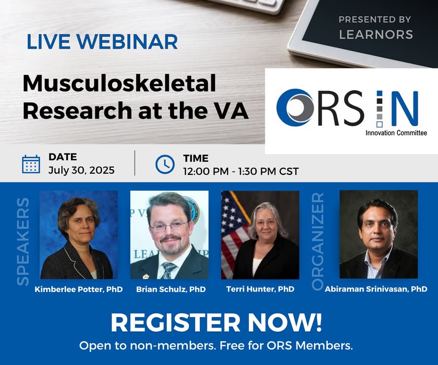 ORSsociety's tweet image. ‼️ Join us July 30 for #WebinarWednesday! The VA Musculoskeletal Research Program advances veteran health through research. Hear three speakers from the VA on technology development, followed by 30 minutes of Q&A. Open to all. Free for Members. Register: ors.memberclicks.net/vss073025inc