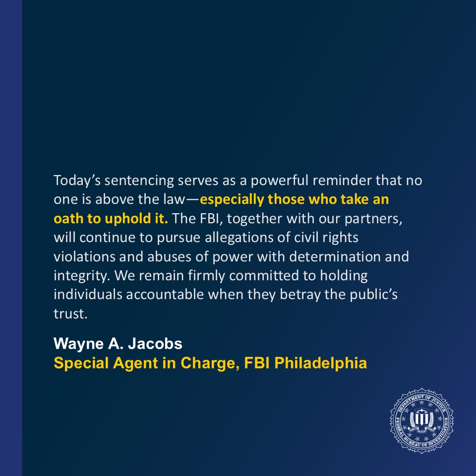 FBIPhiladelphia's tweet image. Former Philadelphia Correctional Officer Sentenced to Five Years in Prison for Violating the Constitutional Rights of an Inmate, Filing a False Report
justice.gov/usao-edpa/pr/f…
