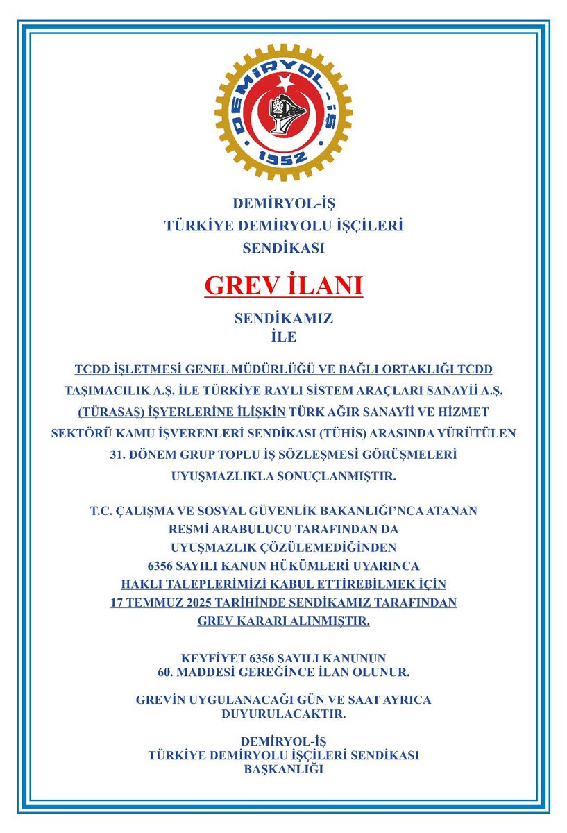 Demiryolisizmir's tweet photo. TCDD İŞLETMESİ GENEL MÜDÜRLÜĞÜ VE BAĞLI ORTAKLIĞI TCDD TAŞIMACILIK A.Ş İLE TÜRASAŞ İŞYERLERİNDE ÇALIŞAN
ÜYELERİMİZİN İNSANCA YAŞAYABİLECEKLERİ ÜCRET VE 
DAHA İYİ ÇALIŞMA KOŞULLARI İÇİN 
05 MART  2025 TARİHİNDE BAŞLATMIŞ OLDUĞUMUZ  31.DÖNEM TOPLU İŞ SÖZLEŞME SÜRECİNDE SENDİKAMIZ https://t.co/0ItZ6wgxyZ
