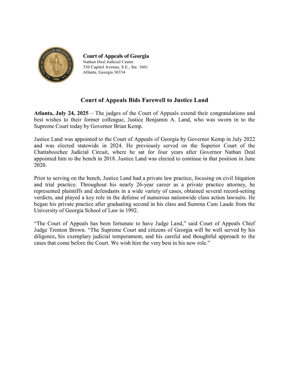 AppealsCourtGA (@appealscourtga) on Twitter photo Congratulations to Justice Benjamin A. Land on being sworn in to the <a href="/SupremeCourtGA/">Supreme Court of Georgia</a> by Governor Brian Kemp this afternoon! Congratulations to Justice Benjamin A. Land on being sworn in to the <a href="/SupremeCourtGA/">Supreme Court of Georgia</a> by Governor Brian Kemp this afternoon!
