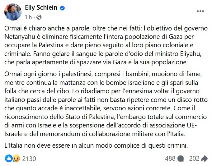 L'obiettivo del governo #Netanyahu è eliminare fisicamente l'intera popolazione di #Gaza per occupare la #Palestina e dare seguito al loro piano coloniale. Fanno gelare il sangue le parole d'odio del ministro #Eliyahu, che parla di spazzare via Gaza e la sua popolazione. #Schlein