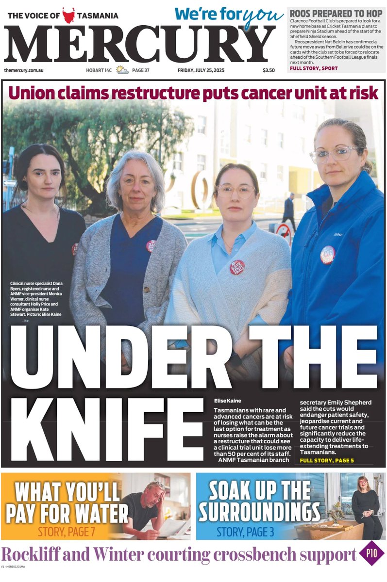 ★ Under The Knife

▫‘We assume it means experimenting but it’s so much more than that:’ Tasmanian nurses are sounding the alarm on a cancer clinical unit restructure
▫<a href="/elise_kaine/">Elise Kaine</a>

#frontpagestoday #Tasmania <a href="/themercurycomau/">Mercury</a>