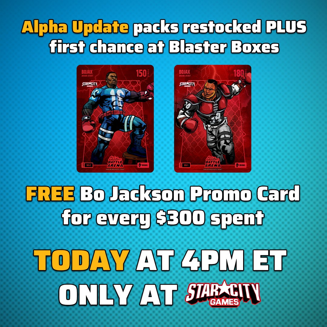🚨 SCG Restock Today at 4PM ET!
BoBA packs are back - AND for the first time ever…
Blaster Boxes ($50) hit Star City Games.

Boosters = $10 | Hobby &amp; Jumbo Packs = $15
PLUS be among the first to own the Brawl Weapon! For every $300, receive one SCG-Exclusive BoJax Brawler Promo