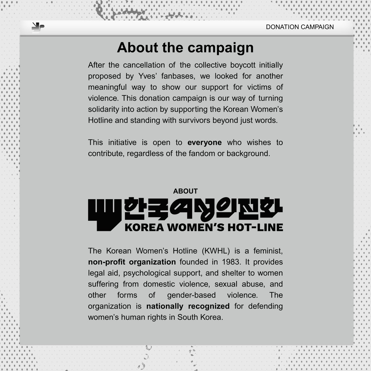yvesupport's tweet photo. Engdus, we’ve launched a donation project to support the Korean Women’s Hotline, an NGO helping victims of violence in South Korea.

Donations are made through Ko-fi, starting at $5 but any amount is appreciated!

🗓️ Until August 7th
🔗 https://t.co/dARAza4wPx https://t.co/dGQgZsGzCa