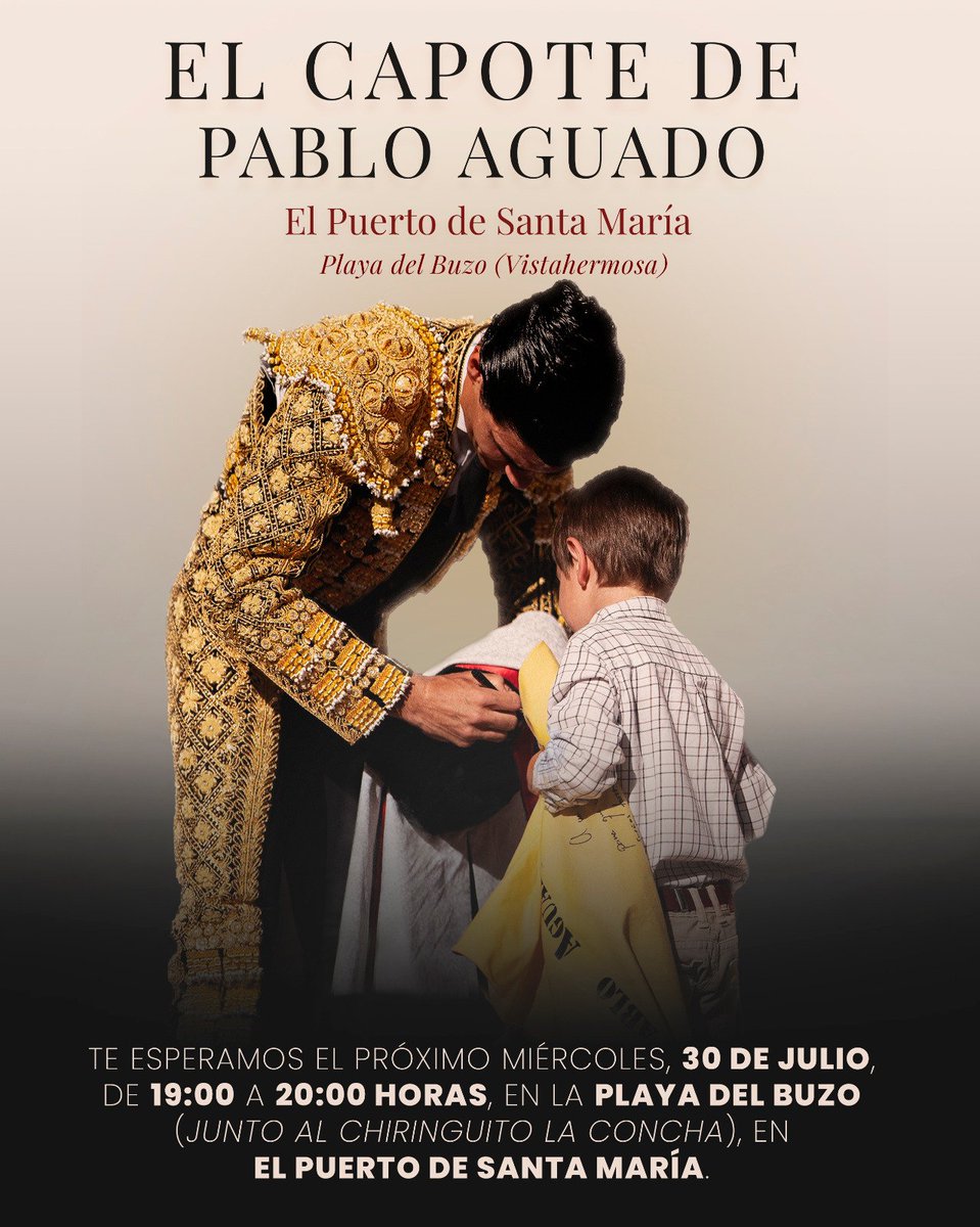 Pablo Aguado estará este miércoles, 30 de julio, de 19:00h a 20:00h, en la Playa del Buzo (Vistahermosa, El Puerto de Santa María).

Se regalarán y firmarán capotes infantiles y fotografías para los más pequeños.

Os esperamos.