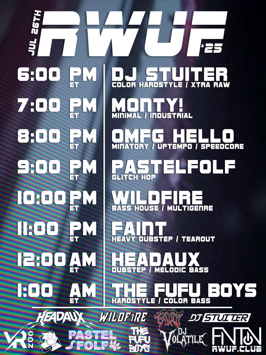 Wassup party animals? Ready for another night of headbanging? We got the lineup cooking for you! 

Join us Saturday, July 26th for our monthly rave with a variety of genres! 

Doors open 30 minutes before 1st set! Join via the RWUF VRChat Group! 

Link in our Bio!