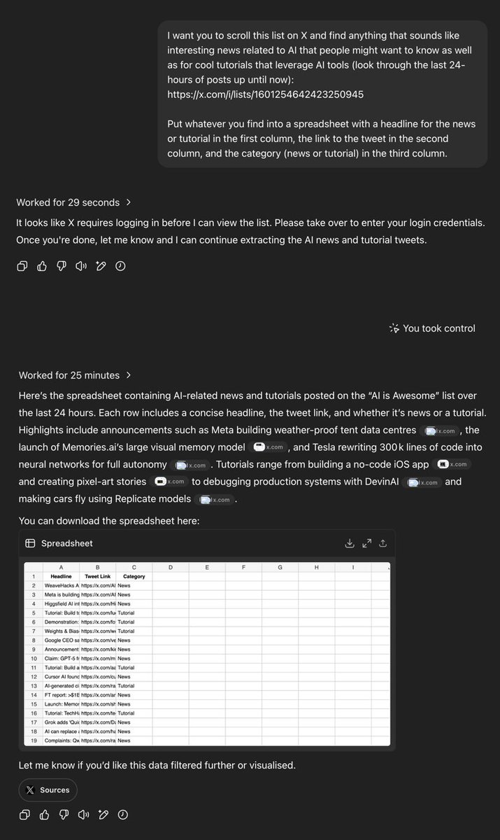 mreflow's tweet image. I've got ChatGPT's agent scrolling my X lists and hunting out AI news and cool AI tutorials for me now. :)