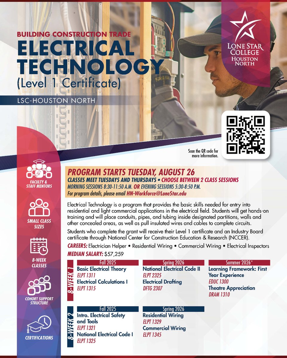 LSCHoustonNorth's tweet image. This Fall! Enroll in the Building Construction Trade Electrical Technology Level 1 Certificate! 
The program starts Tuesday, August 26 
Classes meet Tuesdays and Thursdays • Choose between two class sessions: Morning Sessions: 8:30-11:50 A.M. or Evening Sessions 5:30-8:50 P.M.