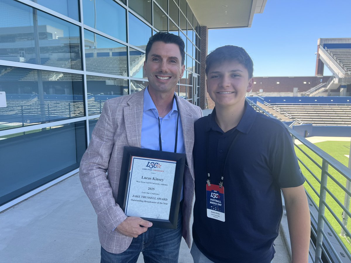 KaleSteed's tweet image. Congrats to great friend and tremendous play-by-play man @LucasKinseyWT on earning his second Jake Trussell Award for @LoneStarConf Broadcaster of the Year Award #LSCfb #LSCmediaday