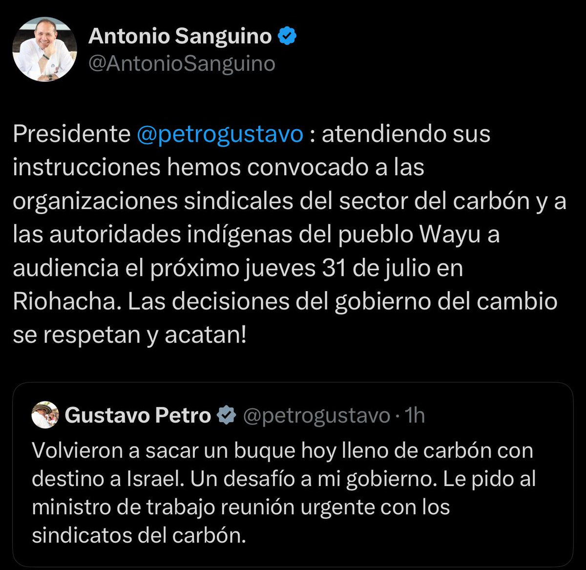 UltimaHoraCR's tweet photo. En respuesta a la petición del presidente Gustavo Petro, el ministro de Trabajo, Antonio Sanguino, convocó a las organizaciones sindicales del sector del carbón y a las autoridades indígenas del pueblo Wayúu a una audiencia el próximo jueves 31 de julio en Riohacha.
https://t.co/v2vIVVHFXe