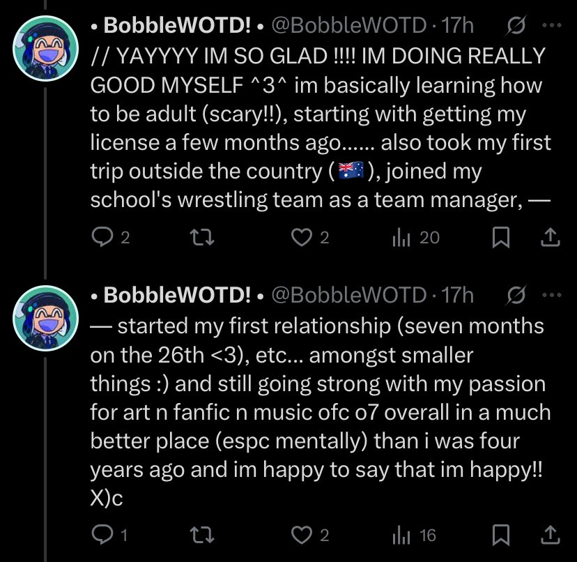 BobbleWOTD's tweet photo. @Dedf1shWoTD // YAY IM SO GLAD UR BETTER <3 ive wondered abt a lot of ppl from WOTD but u espc ^_^

i was talking to ash (rider) abt all thats happened so u can read it word for word, but i basically just developed a new mindset after WOTD and got myself into a better place after bad times <3 https://t.co/jiNHBn1HFj