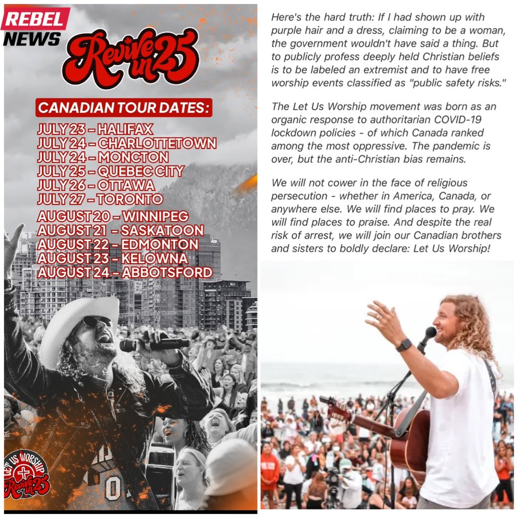 DreaHumphrey's tweet photo. CHRISTIANS ARE NOT WELCOME 🇨🇦

6 Canadian venue cancellations = 1 message: GET OUT!

Canada revoked 6 of Sean Feucht’s FREE worship events while the media’s  false prophets use MAGA rhetoric to justify the blatent Christophobia.

Rebel News will cover the truth.
“LET US WORSHIP.” https://t.co/kU8N7slosr