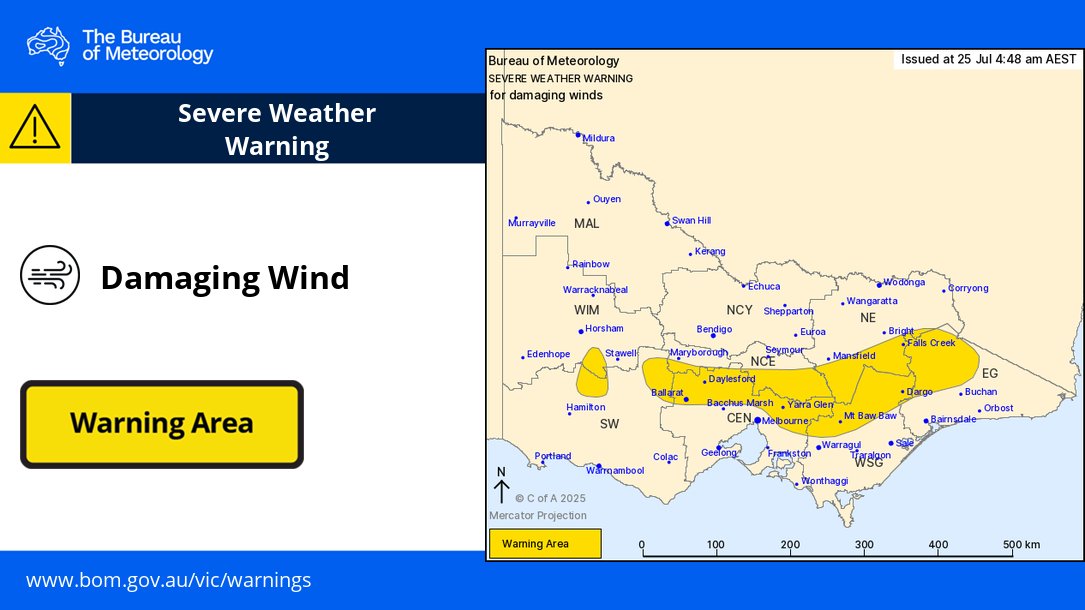 ⚠️4:48am: Severe Weather Warning for damaging #winds for parts of #VIC today.

🌬️Damaging winds averaging 55 to 65 km/h with peak gusts in excess of 100 km/h are expected in the yellow areas today, reaching 110km/h in the Alps with blizzards above 1200m.

ow.ly/EMtu50Wv0vr