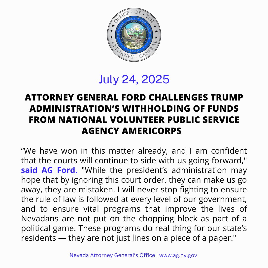 NV Attorney General (@nevadaag) on Twitter photo Nevada Attorney General <a href="/AaronDFordNV/">Aaron D. Ford</a> joins 23 other attorneys general and the governors of Kentucky and Pennsylvania in filing lawsuit against the White House OMB for attempting to gut AmeriCorps by withholding tens of millions in funding for critical service programs. Nevada Attorney General <a href="/AaronDFordNV/">Aaron D. Ford</a> joins 23 other attorneys general and the governors of Kentucky and Pennsylvania in filing lawsuit against the White House OMB for attempting to gut AmeriCorps by withholding tens of millions in funding for critical service programs.