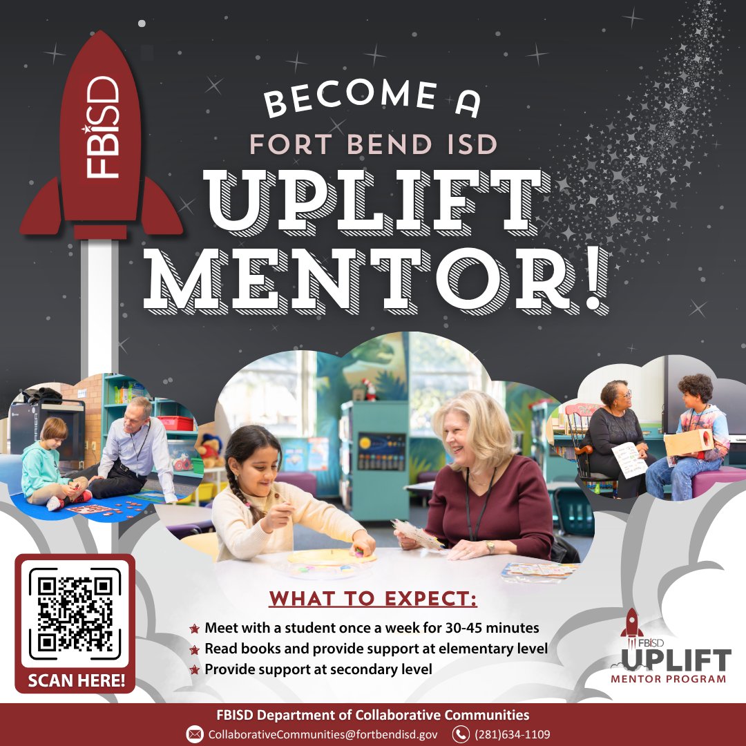FBISDCommunity's tweet image. “It’s not just about reading—it’s about building trust so students feel safe to share what’s on their minds and hearts.” – UPLIFT Mentor
Want to make a difference? Become a mentor!
Volunteer to be a mentor here: bit.ly/FBISD-Mentor