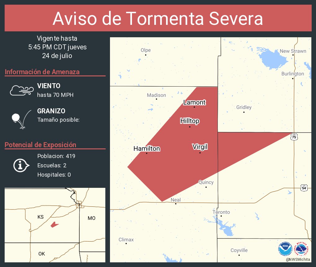 NWSWichita's tweet image. Aviso de Tormenta Severa continúa Hamilton KS, Virgil KS, Hilltop KS hasta las 5:45 PM CDT. ¡Esta tormenta contiene ráfagas de vientos de 70 MPH y granizo del tamaño