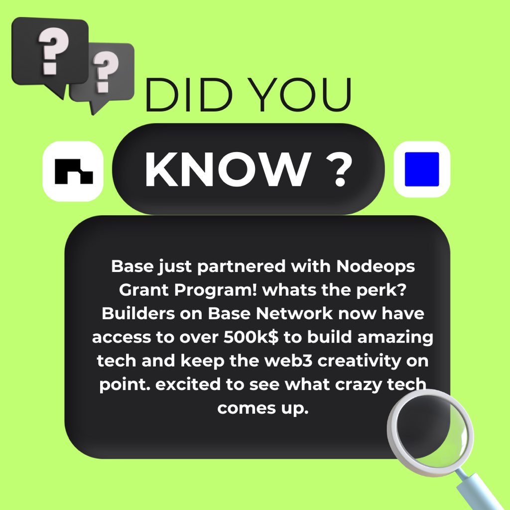 NodeOps Update Guys! 

Nothing beats amazing partnerships, great to see the <a href="/base/">Base</a> ecosystem join our Build on “NodeOps Grant Program”. 

This is for teams on Base who are creating useful projects with real impact! 🧱 

What’s included? Up to $500K in support (money and tools),