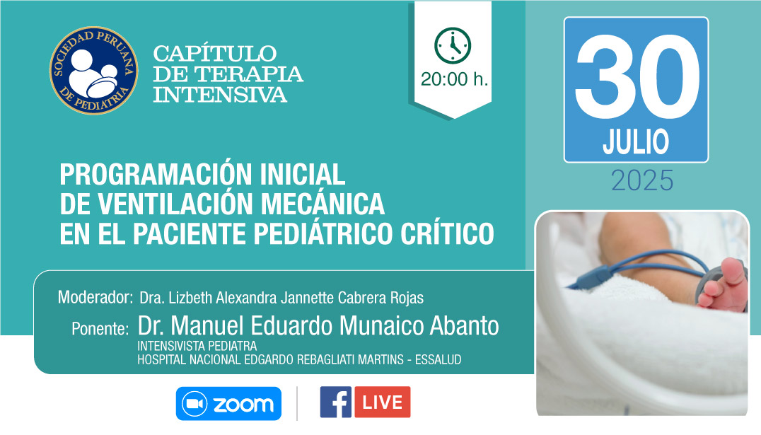 Registro ZOOM 👉🏽: tinyurl.com/2spczwe4
Te invitamos a participar de la Charla Virtual del
🔷CAPÍTULO DE TERAPIA INTENSIVA🔷
PROGRAMACIÓN INICIAL DE VENTILACIÓN MECÁNICA EN EL PACIENTE PEDIÁTRICO CRÍTICO
🗓 30 de JULIO 2025
⌚️ 20:00 horas
#sociedadperuanadepediatria #Pediatria