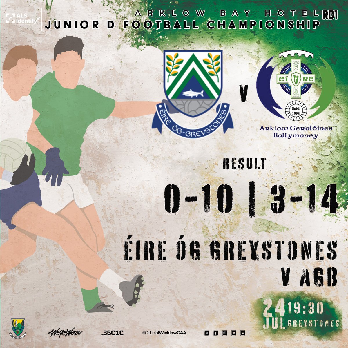 wicklowgaa's tweet image. ALS Identify Junior D Football Championship Round 1
Result
Éire Óg Greystones 0-10
Arklow Geraldines-Ballymoney 3-14
#officialwicklowgaa #WicklowGAA #wearewicklow #36C1C #alsidentify