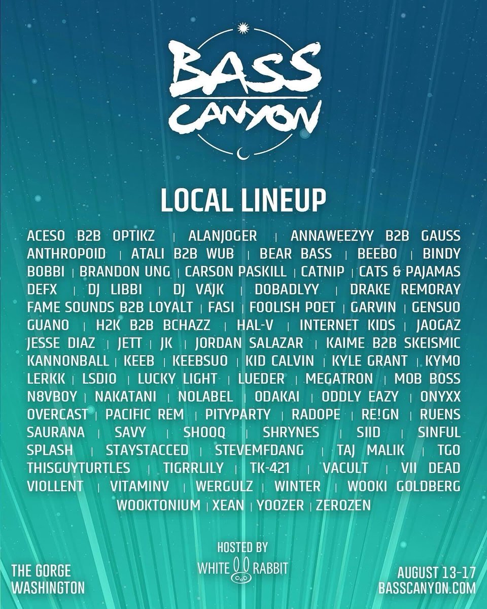 White Rabbit Group 🐰 (@whiterabbitgrp) on Twitter photo 💫⛰️BASS CANYON, your locals lineups are HERE!
We're thankful to be back showcasing some of the best in the PNW at <a href="/basscanyon/">Bass Canyon</a> '25! Catch the massive talent at our Camping Stage and Silent Disco in the campgrounds.
🤍 Tag your favorite local artists!
🎟️ basscanyon.com 💫⛰️BASS CANYON, your locals lineups are HERE!
We're thankful to be back showcasing some of the best in the PNW at <a href="/basscanyon/">Bass Canyon</a> '25! Catch the massive talent at our Camping Stage and Silent Disco in the campgrounds.
🤍 Tag your favorite local artists!
🎟️ basscanyon.com