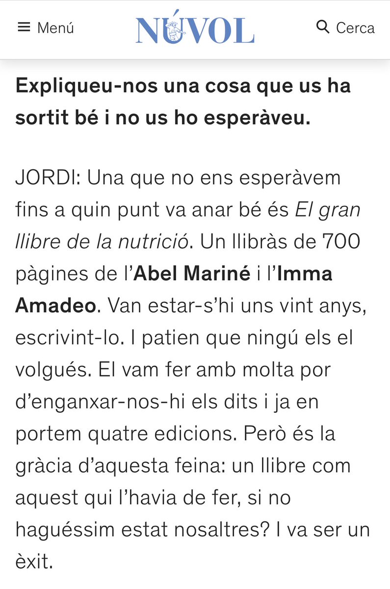 Imma Amadeo (@immaamadeog) on Twitter photo Moltes gràcies per la referència i l’oportunitat, <a href="/jordipuigp/">Jordi Puig</a>. A nosaltres mateixos encara ens costa de creure’ns-ho. Contents que “El gran llibre de la nutrició” continuï viu. <a href="/puigtobella/">Bernat Puigtobella</a> <a href="/nuvol_com/">Núvol</a> <a href="/MateuSagarra/">Mateu Sagarra</a> #AbelMariné <a href="/Comanegra/">Editorial Comanegra</a> nuvol.com/llibres/assaig… Moltes gràcies per la referència i l’oportunitat, <a href="/jordipuigp/">Jordi Puig</a>. A nosaltres mateixos encara ens costa de creure’ns-ho. Contents que “El gran llibre de la nutrició” continuï viu. <a href="/puigtobella/">Bernat Puigtobella</a> <a href="/nuvol_com/">Núvol</a> <a href="/MateuSagarra/">Mateu Sagarra</a> #AbelMariné <a href="/Comanegra/">Editorial Comanegra</a> nuvol.com/llibres/assaig…