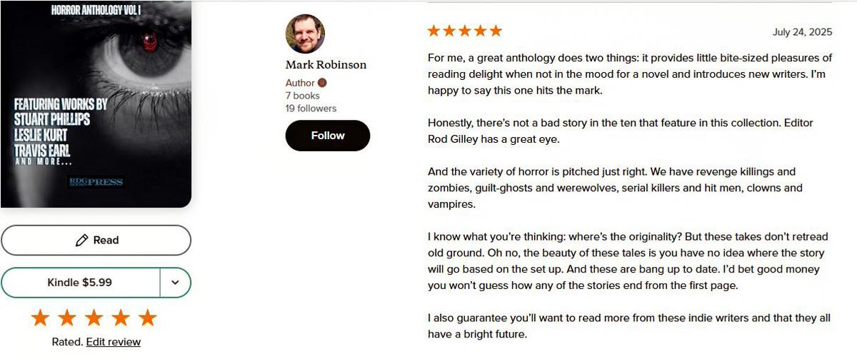 Mark Robinson <a href="/the_mark_rob/">mark robinson</a> 's cool review of
IT'S DARK IN THEIR MINDS
RDG BOOKS PRESS Horror Anthology Vol I
amazon.com/dp/B0F8XDZLD1