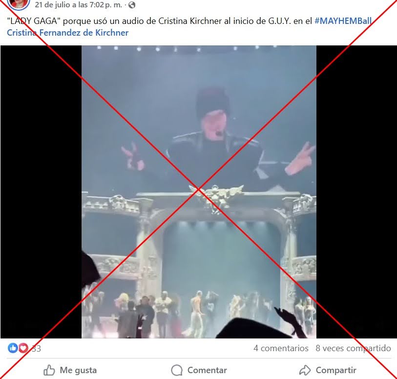 AfpFactual's tweet image. 🇦🇷 ¿En un show de Lady Gaga se reprodujo un audio de la expresidenta argentina Cristina Kirchner?
❌ No, se trata de una edición.
En el video original, se escucha el comienzo de la canción “G.U.Y” de la cantante estadounidense.
➡️ u.afp.com/GagaKirchner