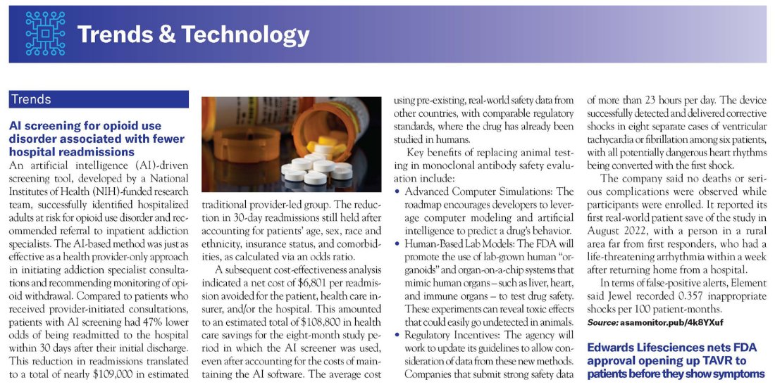 ASAMonitor's tweet image. A wearable defibrillator patch for people at risk for cardiac arrest 🫀from Element Science, Inc, a @US_FDA switch from animal testing in the development of monoclonal antibody therapies 💉🐁, and more developments in this month's “Trends & Technology”.
ow.ly/m8s550WjWBg