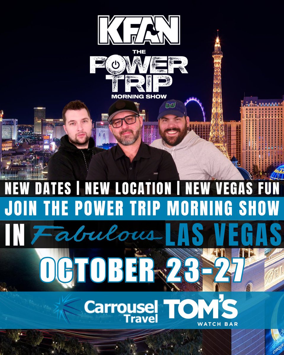 KFAN1003's tweet image. ✈️We're headed back to Las Vegas on a BRAND NEW trip!
Secure your spot on the @PowerTripKFAN Vegas trip for Oct 23-27, thanks to @CarrouselTravel! Enjoy exclusive events and offers, watch parties and broadcast from @toms_lasvegas and MORE!
Book now at KFAN.com/Vegas!