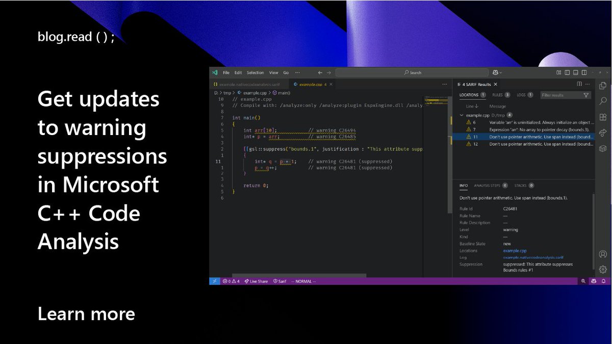 VisualStudio's tweet image. New in Microsoft C++ Code Analysis:
✔️ Justified #pragma warning(suppress)
✔️ Improved [[gsl::suppress]]
✔️ SARIF logs w/ justifications

Cleaner, more auditable code starts here.
🔗 msft.it/6018sB5Sr
#Cpp #CodeAnalysis #DevTools