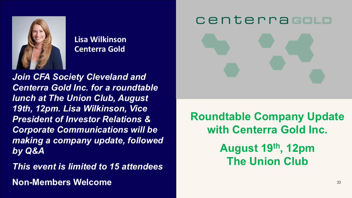 Publicly Traded Company Series
Join us August 19th 12pm, The Union Club, Company presentation from Lisa Wilkinson, Centerra Gold
ow.ly/nAVX50Wq9UY