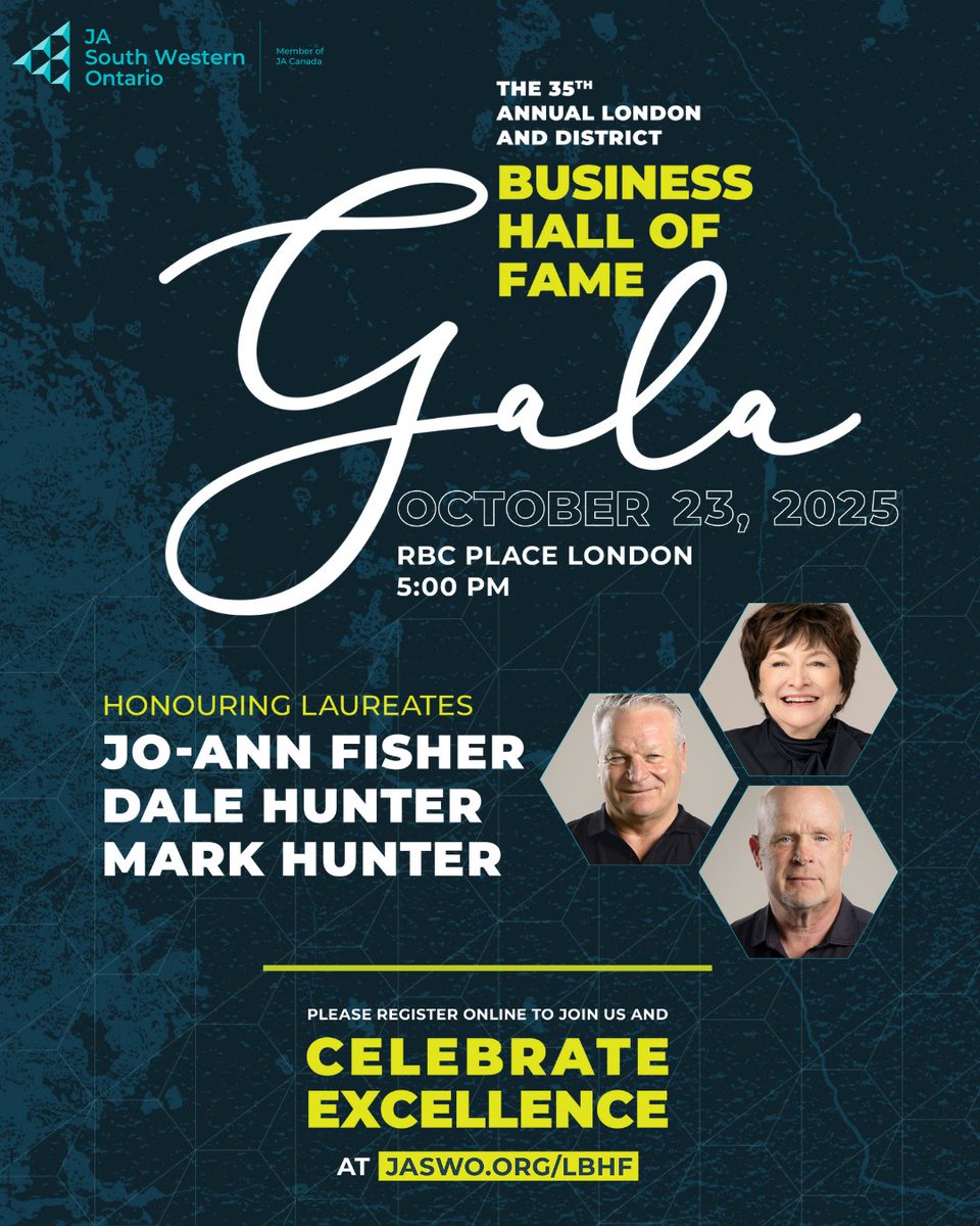 Please join us at the London and District Business Hall of Fame Gala at RBC Place London on October 23rd! Proceeds support #JASWO.

🎟️ Tickets and tables available at jaswo.org/LBHF
🌟 Sponsorship opportunities also available.

#LBHF2025 #halloffame #businessleaders