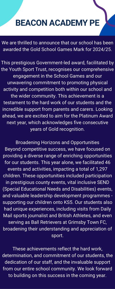 Beacon Academy PE (@beaconacadpe) on Twitter photo Ending the academic year 2024-2025 in the most positive way. Gold School Games Mark. <a href="/BeaconAcademyCL/">Beacon Academy</a> <a href="/WellspringAT/">Wellspring Academy Trust</a> Ending the academic year 2024-2025 in the most positive way. Gold School Games Mark. <a href="/BeaconAcademyCL/">Beacon Academy</a> <a href="/WellspringAT/">Wellspring Academy Trust</a>