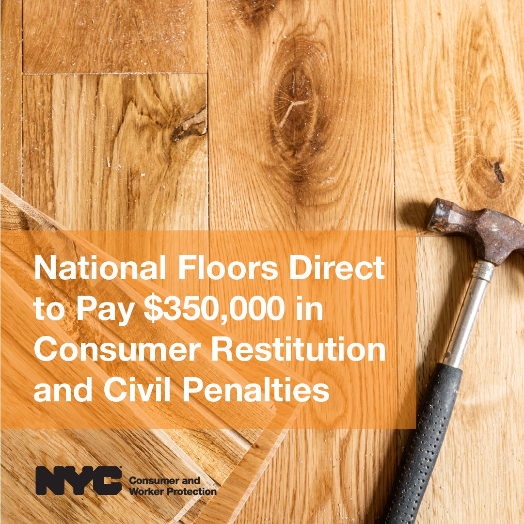 helloDCWP's tweet image. Did National Floors Direct do work in your home?
We’ve secured $250,000 for consumers harmed by their shoddy craftsmanship and predatory practices.
You may be eligible for restitution. File your claim asap! on.nyc.gov/4iiynO3