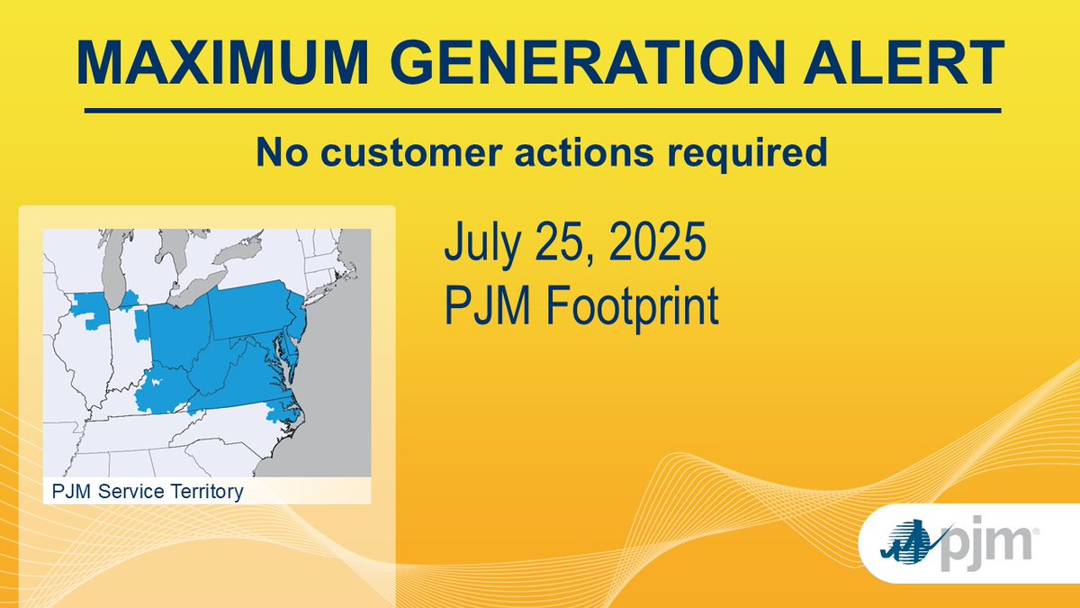 pjminterconnect's tweet image. PJM has issued a Hot Weather Alert and Maximum Generation Alert for its 13-state and D.C. footprint for July 25 as hot weather continues throughout the region it serves. These alerts do not require any action from customers. insidelines.pjm.com/july-24-hot-we…