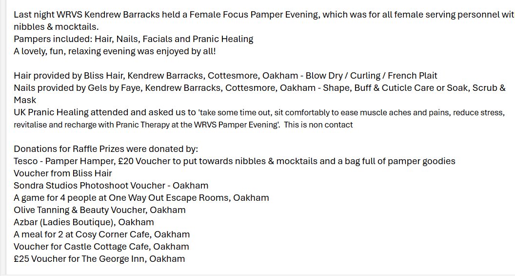 Last night SWO Mindy at WRVS Kendrew Barracks held a Female Focus Pamper Evening which was for all female serving personnel with nibbles &amp; mocktails.  
Pampers included: Hair, Nails, Facials &amp; Pranic Healing
A lovely,relaxing evening was enjoyed by all! Thanks to all who donated