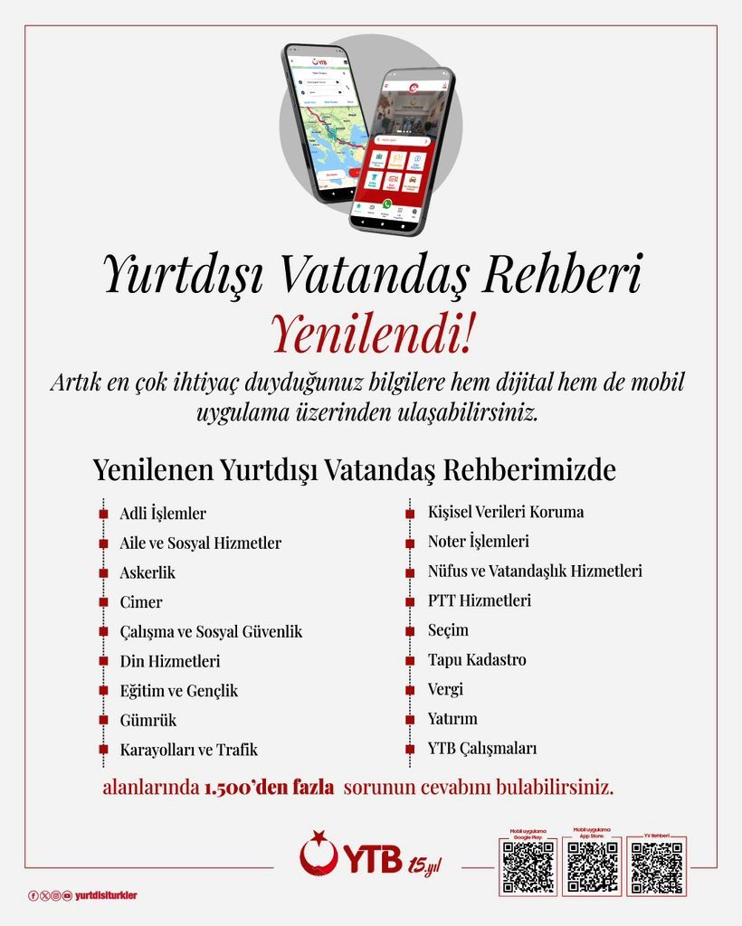 haditurus's tweet image. 🌍Yurtdışı Vatandaş Rehberimiz Yenilendi!
Yurt dışında yaşayan kıymetli vatandaşlarımız, ihtiyaç duyduğunuz bilgilere çok daha kolay ulaşabilmeniz için Yurtdışı Vatandaş Rehberimizi yeniledik ve içeriğini zenginleştirdik.
Artık adli işlemlerden eğitime, askerlikten sosyal…