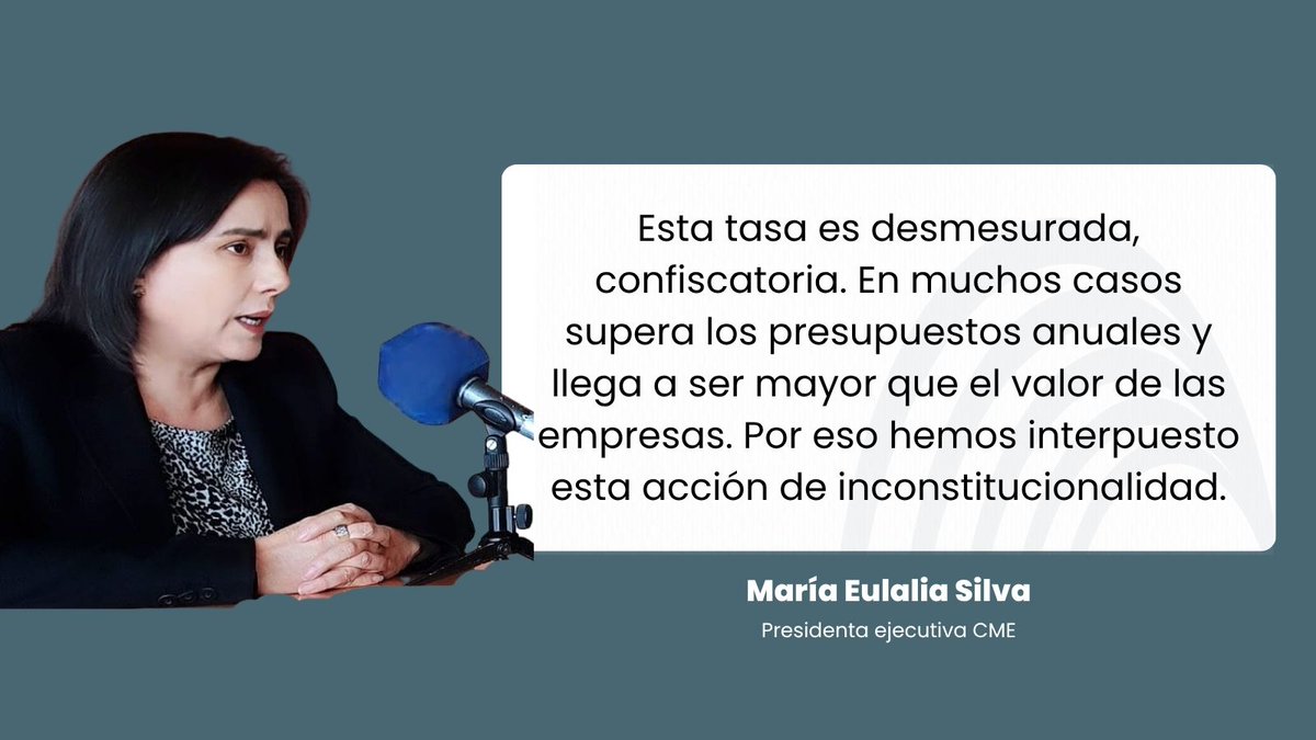 #CMEenMedios | <a href="/mariaeulalias/">mariaeulalias</a> conversó con <a href="/steevenmaciastv/">Steeven Macías</a> en #NoticieroDigital, sobre la demanda de inconstitucionalidad presentada por la CME en contra de la tasa minera, a la que calificó como "desmesurada y confiscatoria". 🎥 Mira la entrevista completa aquí:
