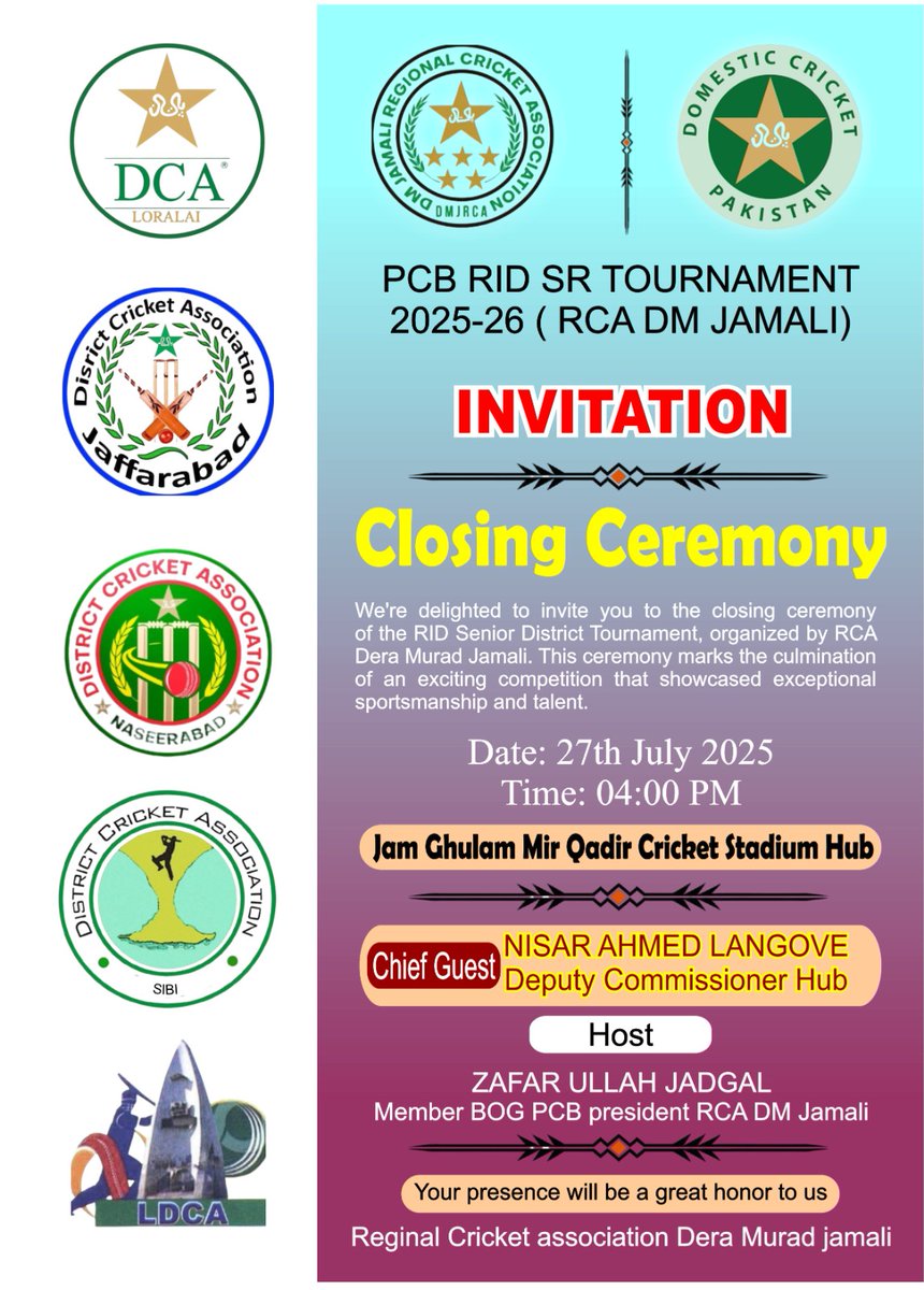 samiullahbalo13's tweet photo. Invitation 
Join us for the closing ceremony of the PCB RID Sr Tournament,25, proudly hosted by RCA DM Jamali. We've witnessed incredible talent and sportsmanship throughout the tournament, and we're excited to celebrate its conclusion. @TheRealPCB
@MohsinnaqviC42 @talpur1 https://t.co/PrD4pe39PD
