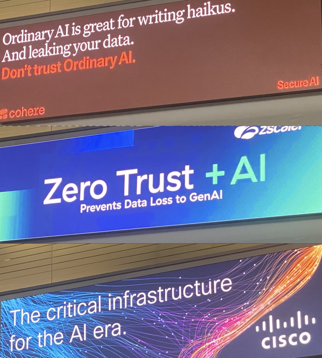 danfaggella's tweet image. at SFO - this is the same advertising banner over 20 secs. all AI lol
everyone selling AI has realized that CYA motives are what drives enterprise adoption
"leaking data"/ "critical"/ "prevents data loss" / etc. they finally realized its the hot button and they're hammering it