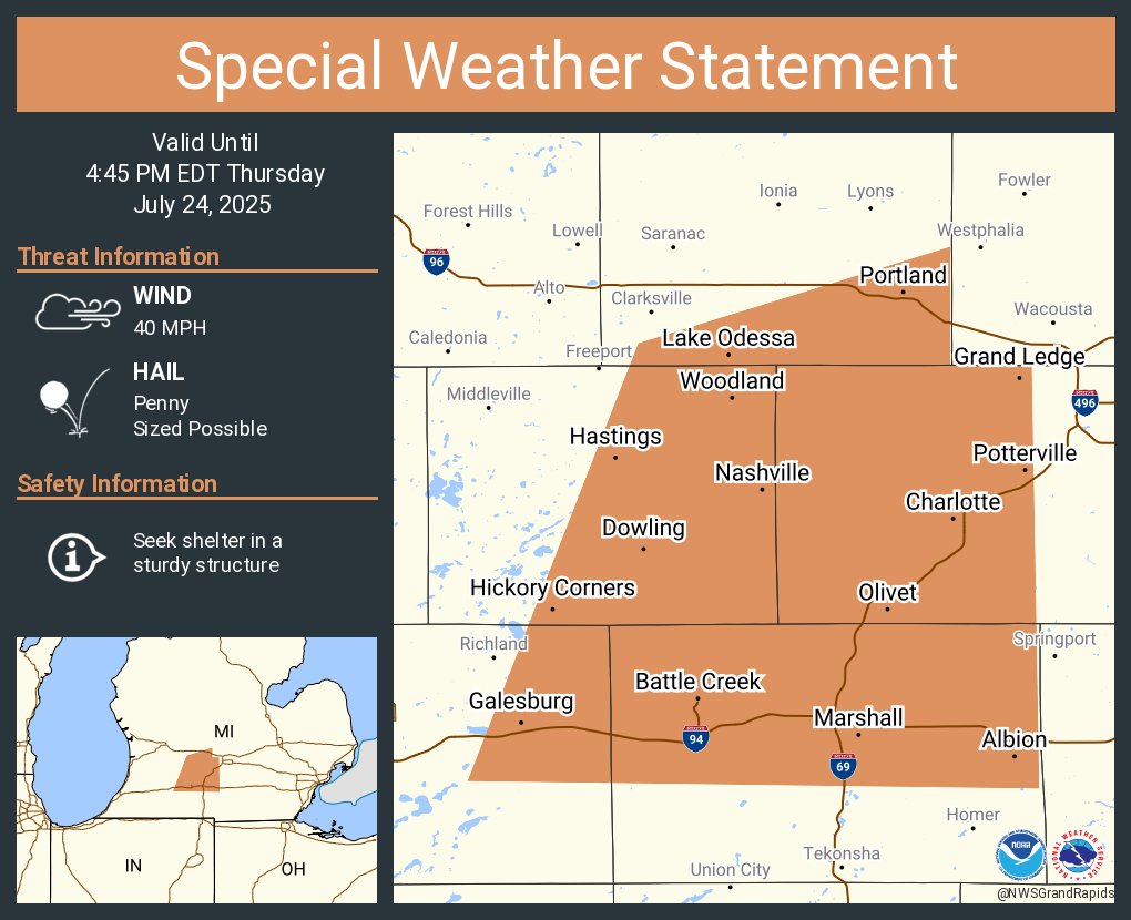 NWSGrandRapids's tweet image. A special weather statement has been issued for Battle Creek MI, Charlotte MI and Albion MI until 4:45 PM EDT