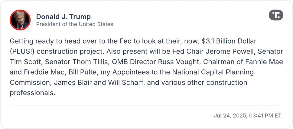 CivicTracker's tweet image. President Trump makes unprecedented visit to Federal Reserve with Sen. Scott (R-SC), Sen. Tillis (R-NC), and OMB Director Russ Vought.