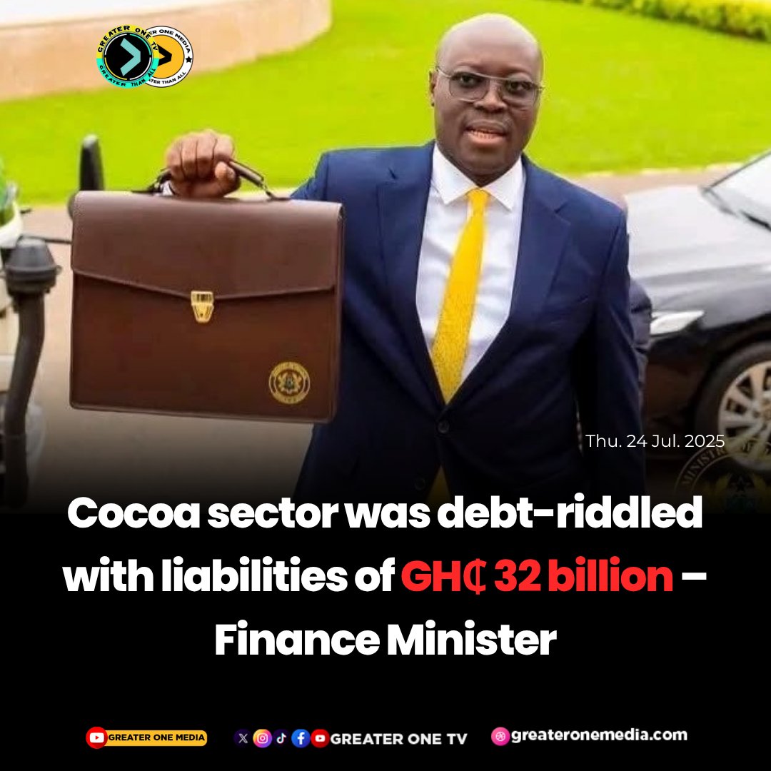 GreaterOneTV's tweet photo. Cocoa sector was debt-riddled with liabilities of GH₵ 32 billion – Finance Minister
Full article👇
https://t.co/Wqo1mCnoGT
#greateronetv #GhanaNews #ghana #news #NewsAlert #Minister #fyp #trending #viral #finance #DrAto #parliament #parliamentofghana #Ghanaparliament https://t.co/y95QdE9lpg