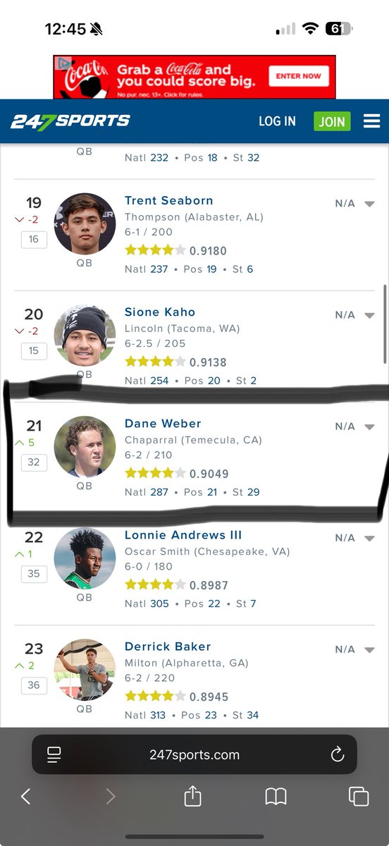DaneWeber08's tweet image. Grateful to be ranked a 4⭐️ and TOP 300 player nationally for the C/O 2027. 

#AG2G #keepworking 

@GregBiggins @BrandonHuffman @adamgorney @ChadSimmons_ @BlairAngulo @TomLoy247 @latsondheimer @chaparralpumafb @Coach_Ramer @CoachDeeWR @CoachReyes_
